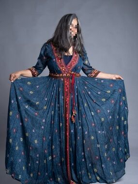 Ritu Kumar Gorgeous Navy Maxi Dress with Pink and Gold Embroidered Trim